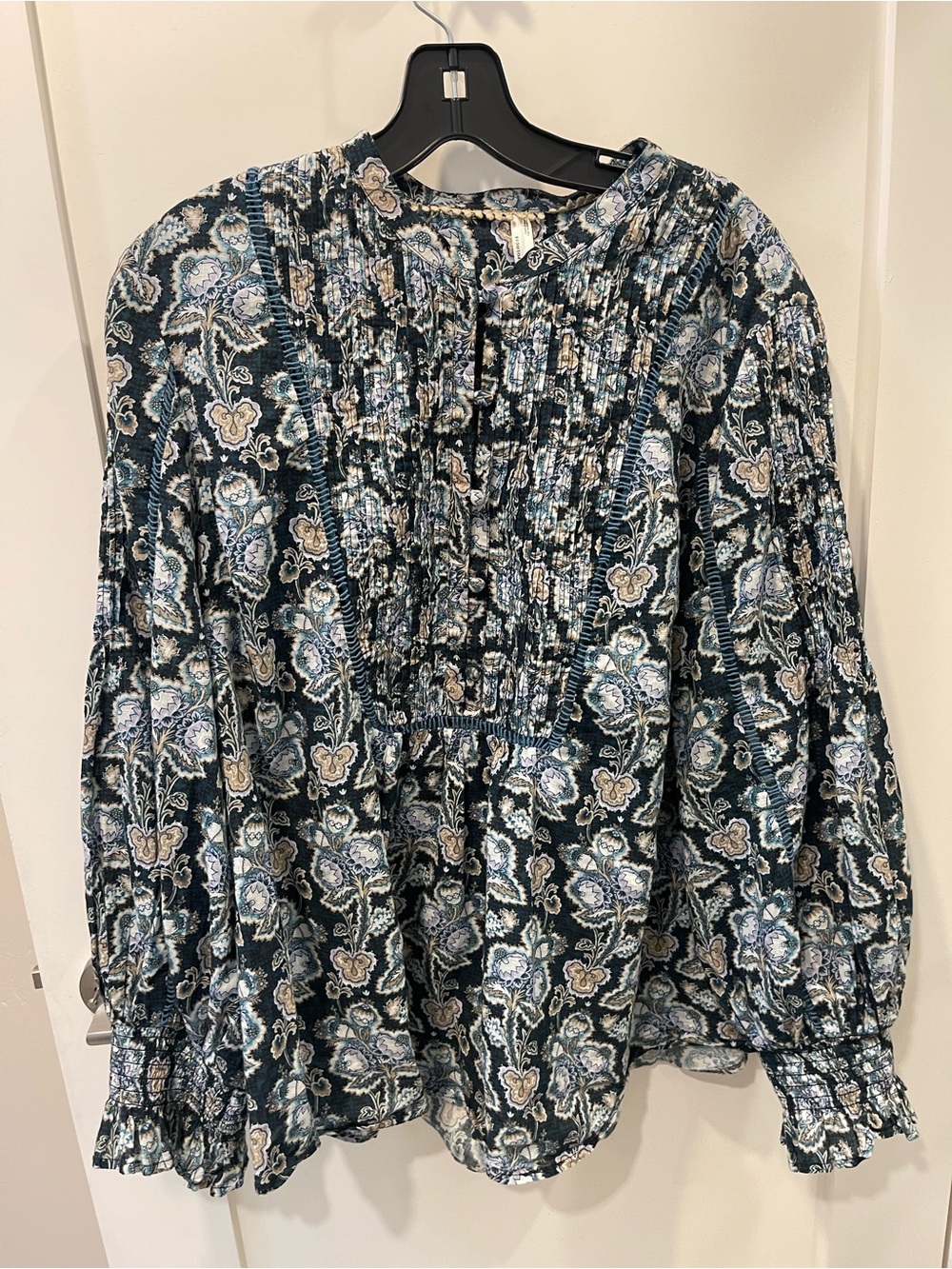 Anthropologie Womens Floral Pintuck Blouse - Blue/Gray size XL $138
